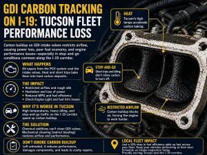 GDI carbon buildup on intake valves causing restricted airflow and fuel trim imbalance in Tucson I-19 driving conditions