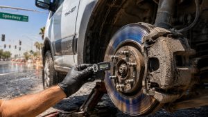 Ford Transit delivery van brake rotor inspection showing thermal discoloration and caliche dust buildup on Tucson Speedway Boulevard route