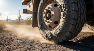 Close-up of a heavy-duty fleet truck tire driving on a cracked desert road in Tucson, showing severe sidewall dry rot, cracking, and rubber chunking from extreme heat.