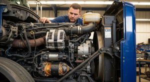 Technician inspecting a heavy-duty distribution truck engine bay in Tucson, highlighting a heat-damaged starter motor and dual-alternator charging system.