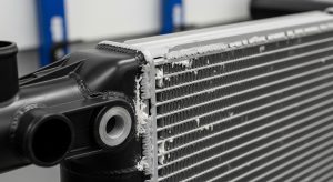 Close-up of a truck radiator core showing white calcified crust and dried coolant scaling at the plastic tank-to-aluminum core crimp line due to thermal cycling.
