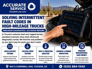 Oscilloscope testing on high-mileage trucks in Tucson to detect intermittent faults and ghost codes