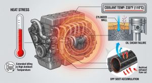 .Technical diagram illustrating heat stress on a diesel engine including oil shear failure and DPF soot accumulation caused by extended idling in high ambient temperatures