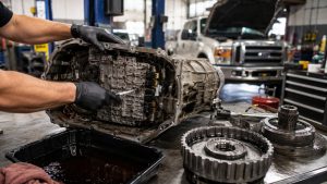Mechanic inspecting a disassembled 6L80 transmission in a Tucson fleet repair shop