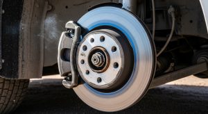 Close-up of a smoking vehicle brake assembly highlighting rotor glazing and thermal stress caused by heavy stop-and-go traffic near the Tucson Mall.