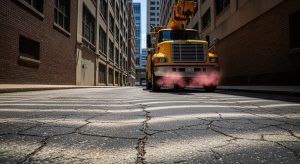 Yellow heavy-duty service truck idling in a narrow city alley near the University of Arizona, showing visible pink coolant vapor escaping from the engine bay due to thermal shock.