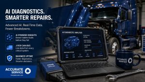 AI-powered J1939 CAN-bus diagnostics analyzing a commercial truck in a Tucson fleet repair shop