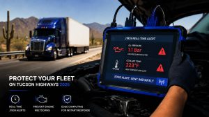 Technician monitoring real-time J1939 telematics on a desert highway truck