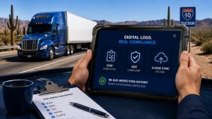 Hands holding a tablet with digital fleet logs on a desert highway with a passing semi-truck
