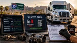 Commercial diesel fleet diagnostics on Interstate 10 in Tucson with ECM live data monitoring, fuel efficiency testing, and sensor analysis