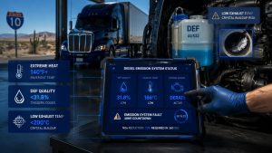 Technician using tablet to monitor diesel emission system and DEF quality in Tucson fleet truck