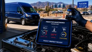 Technician holding oil sample and tablet with predictive maintenance data in Tucson desert fleet setting