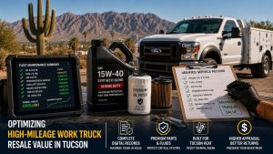 High-mileage work truck maintenance in Tucson with premium oil filters, synthetic fluids, and digital fleet service records for maximizing resale value