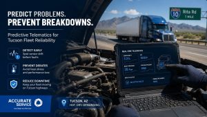 Predictive telematics diagnostics monitoring Tucson fleet truck engine performance on Interstate 10 during extreme desert heat