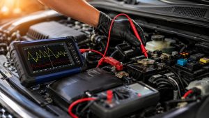Mechanic performing starter circuit diagnostics with an oscilloscope on a modern vehicle experiencing hot-soak no-crank issues in Tucson