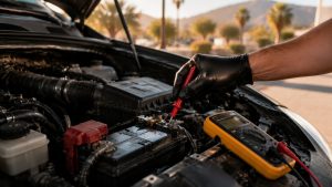 Technician testing a car battery and starter system with a multimeter to diagnose electrical problems in Tucson heat