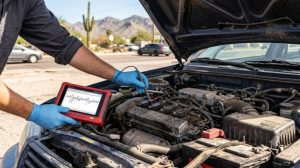 Automotive technician using a handheld diagnostic oscilloscope screen to isolate starter circuit resistance from ignition coil failure in an open car engine bay.