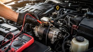 Technician performing voltage drop testing on a starter motor during a heat-soak diagnostic in Tucson