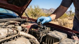 Automotive mechanic removing a heat-soaked starter relay from an engine bay fuse block to perform electrical diagnostic testing.