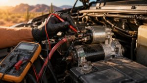 Technician performing a voltage drop test on a pickup truck starter circuit using a digital multimeter during Tucson heat conditions.
