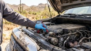 Automotive technician diagnosing a heat-stressed GDI starter motor assembly on an SUV in the Tucson desert using electrical testing equipment.