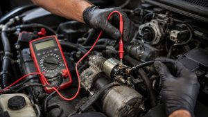 Technician testing a starter solenoid and ignition switch with a digital multimeter during a no-crank diagnostic in Sam Hughes Tucson