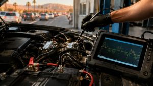 Technician using an oscilloscope to diagnose a GDI engine starter problem during hot-start testing in Tucson conditions