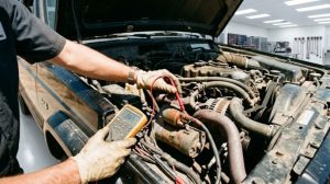 Professional mechanic using a digital multimeter to perform a voltage drop test on a heat-soaked starter motor solenoid in an auto repair shop.