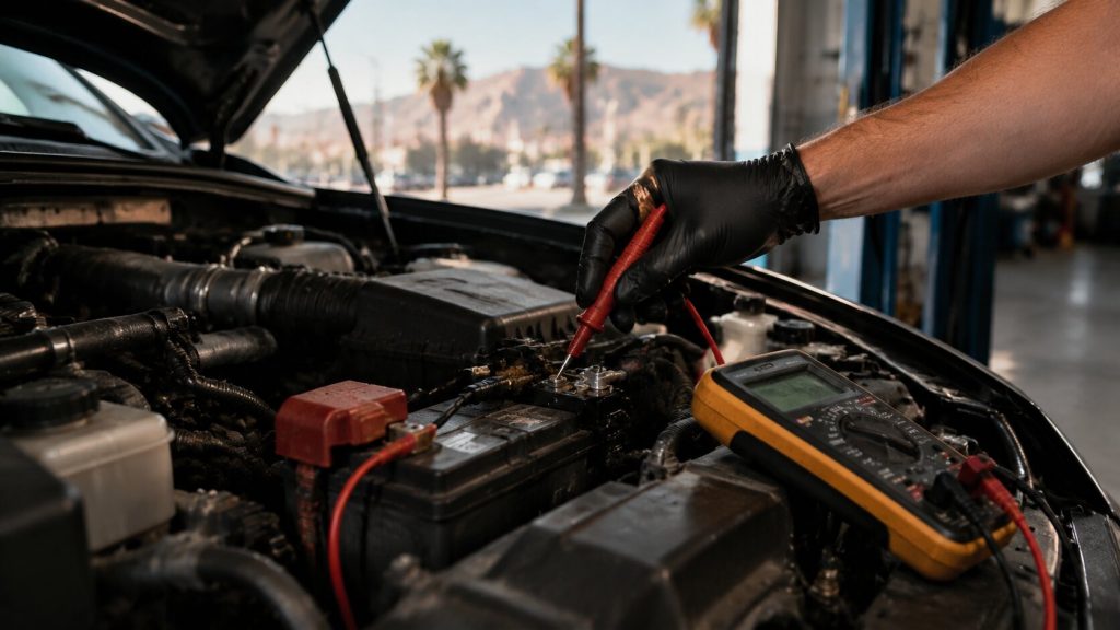 Technician performing a starter performance test on an SUV battery and electrical system in Tucson heat conditions