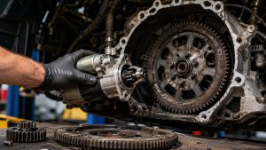 Technician inspecting starter pinion gear and flywheel ring gear wear on an I-10 pickup truck in Tucson