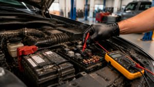 Technician inspecting an SUV starter relay and fuse box with electrical testing equipment in Tucson heat conditions