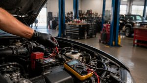Technician testing an SUV starter and battery system before a mountain drive along Catalina Highway near Tucson