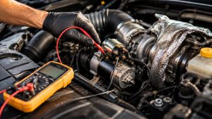 Technician performing voltage drop testing on a turbo engine starter experiencing heat-soak in Tucson