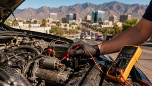 Technician performing a voltage drop test on a vehicle starter during extreme Tucson summer heat to diagnose starter wear and solenoid problems.