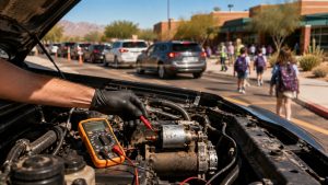 Technician performing a voltage drop test on a vehicle starter to diagnose heat-related starting problems during Tucson school drop-off traffic.