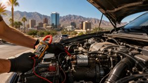 Technician performing starter electrical diagnostics with a clamp meter and multimeter to prevent heat-related starter failure in Tucson.