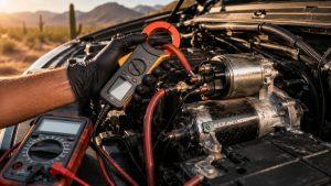 Technician performing a starter motor amperage draw test with an inductive amp clamp on a vehicle in Tucson's extreme summer heat.