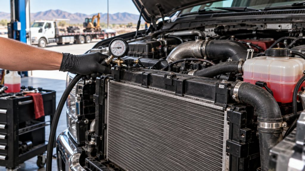 Technician pressure testing a commercial diesel truck radiator for cooling system leaks in Tucson.
