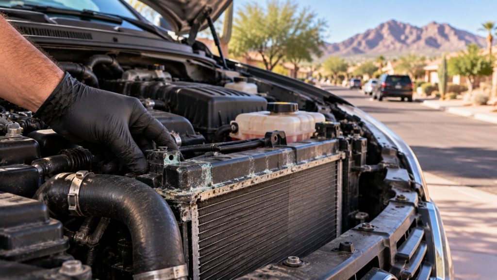 Technician inspecting a family SUV radiator for coolant leaks and end tank damage in Tucson