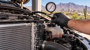 Technician pressure testing a radiator for hidden heat-related coolant leaks in Tucson