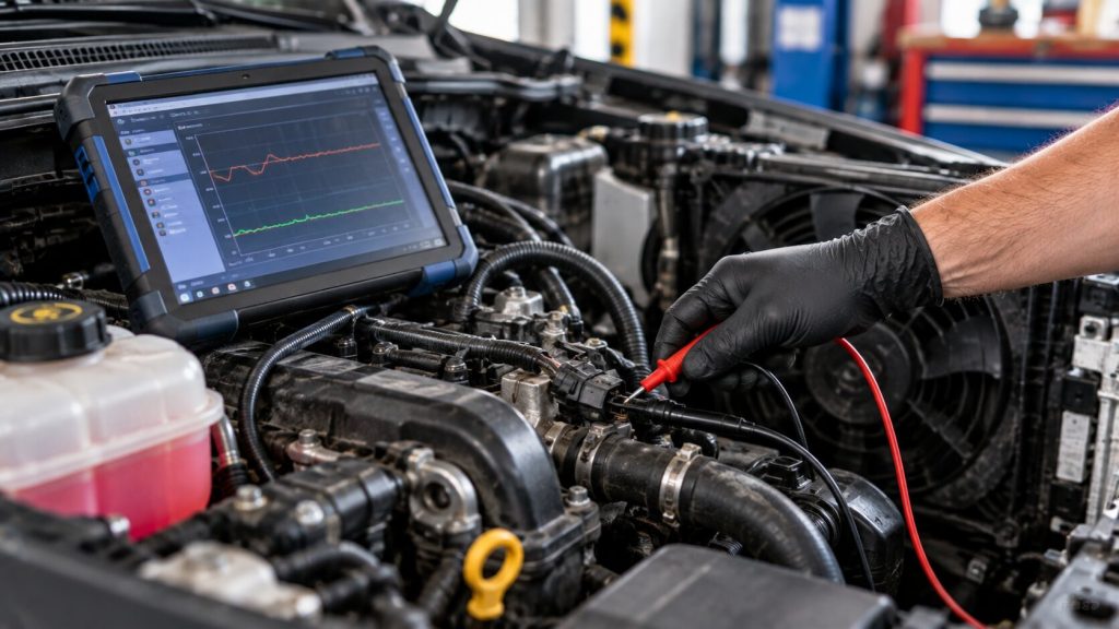 Technician using a diagnostic scan tool and electrical probe to test hidden cooling system sensor and wiring faults in Tucson.