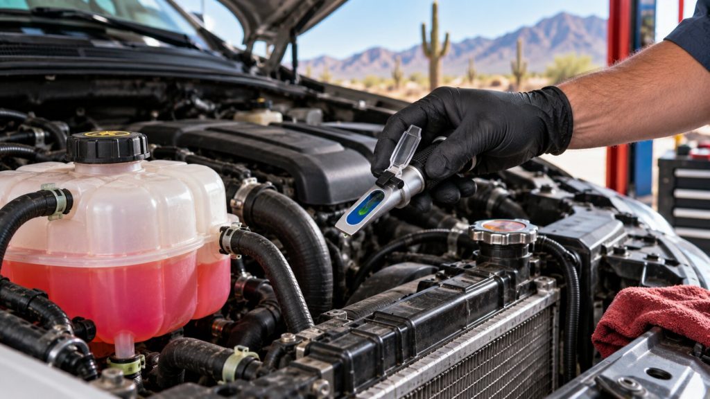 Technician using a refractometer to test coolant condition during cooling system maintenance in Tucson.