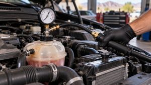 Technician performing a cooling system pressure test to find hidden coolant leaks in Tucson