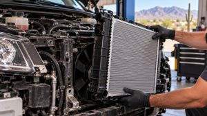 Technician performing professional radiator replacement in Tucson for a heat-stressed cooling system