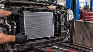 Technician installing a new radiator during a professional radiator replacement service in Tucson