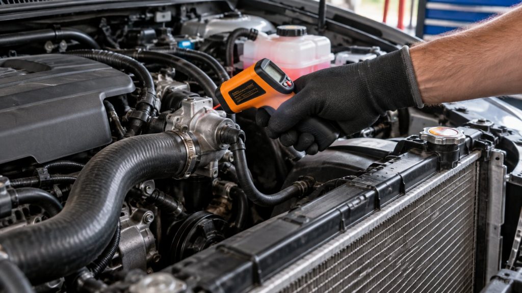 Technician using an infrared thermometer to test thermostat and radiator hose temperatures during cooling system diagnostics in Tucson.