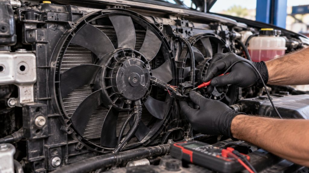 Technician diagnosing cooling fan problems with electrical testing on a vehicle in Tucson