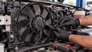 Technician diagnosing cooling fan problems with electrical testing on a vehicle in Tucson