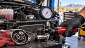 Technician pressure testing a radiator cap for cooling system pressure loss in Tucson