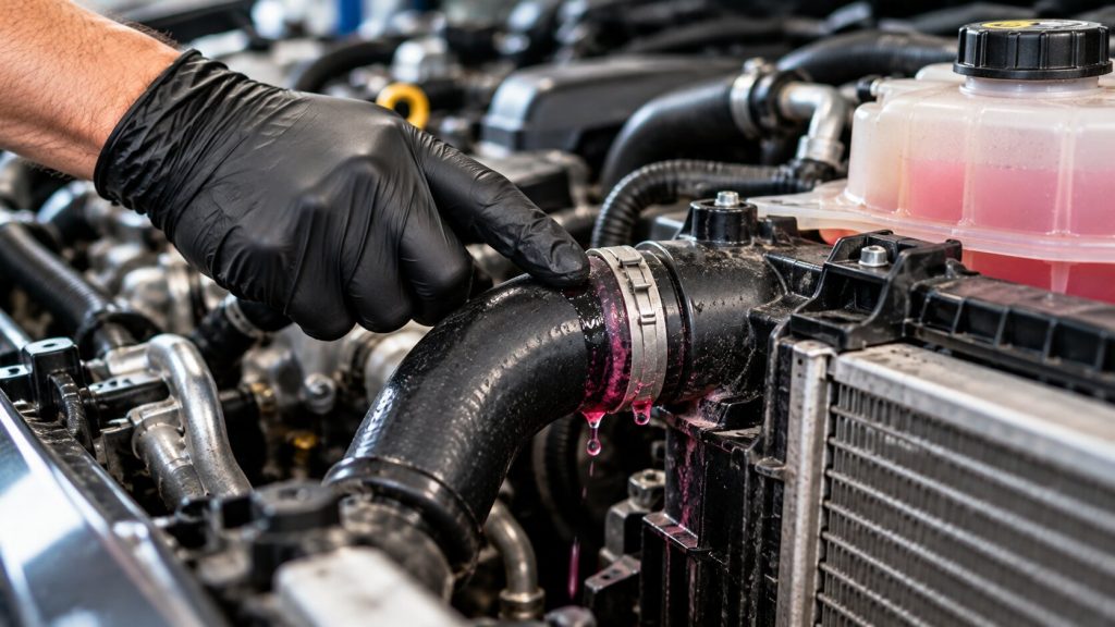 Technician inspecting pink coolant leaking from a radiator hose connection during coolant leak repair in Tucson, AZ.